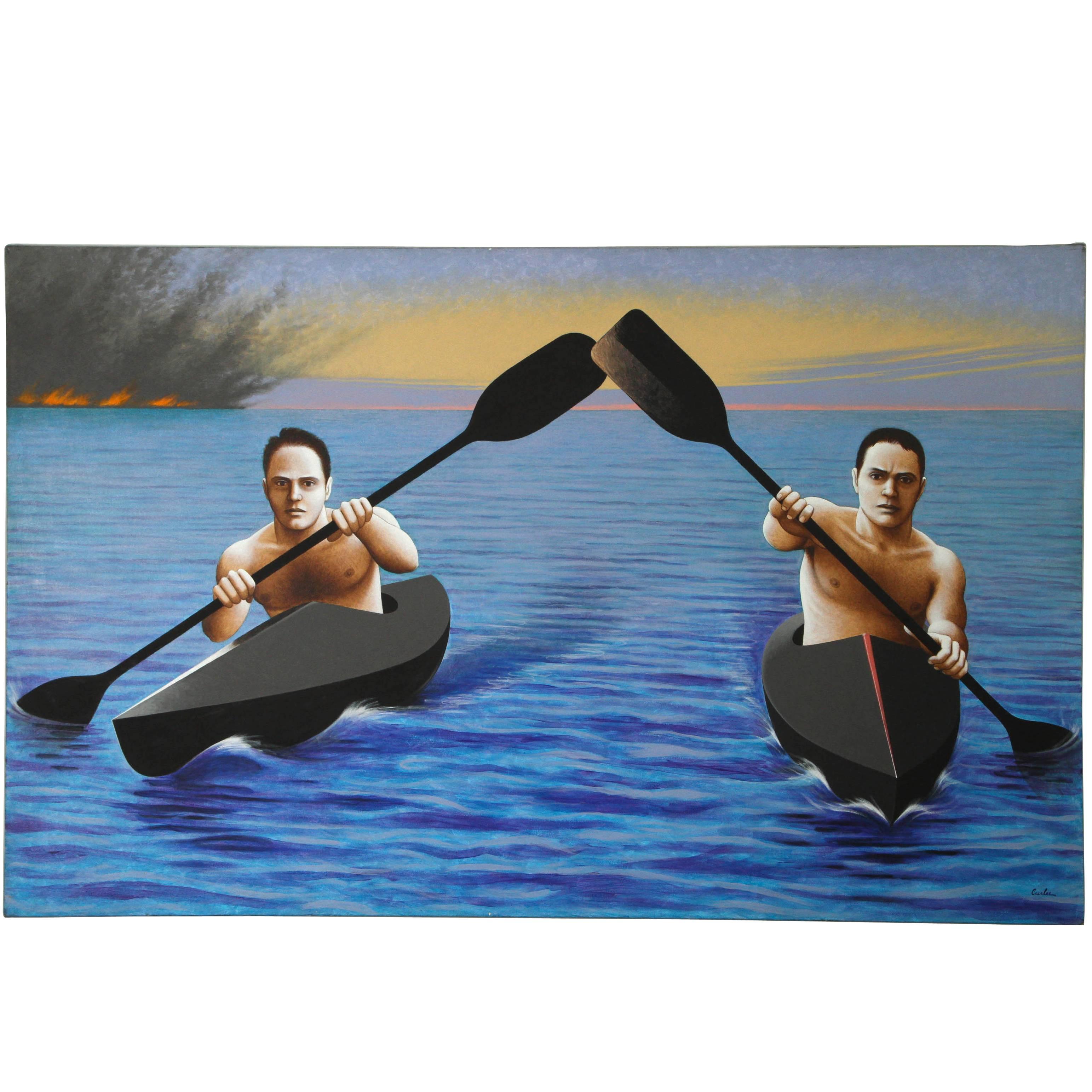Kayakers Escaping from a Disaster, Painting by Lynn Curlee For Sale