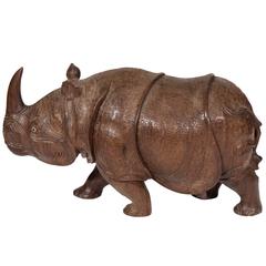 Mid-Century Carved Wooden Rhino Sculpture