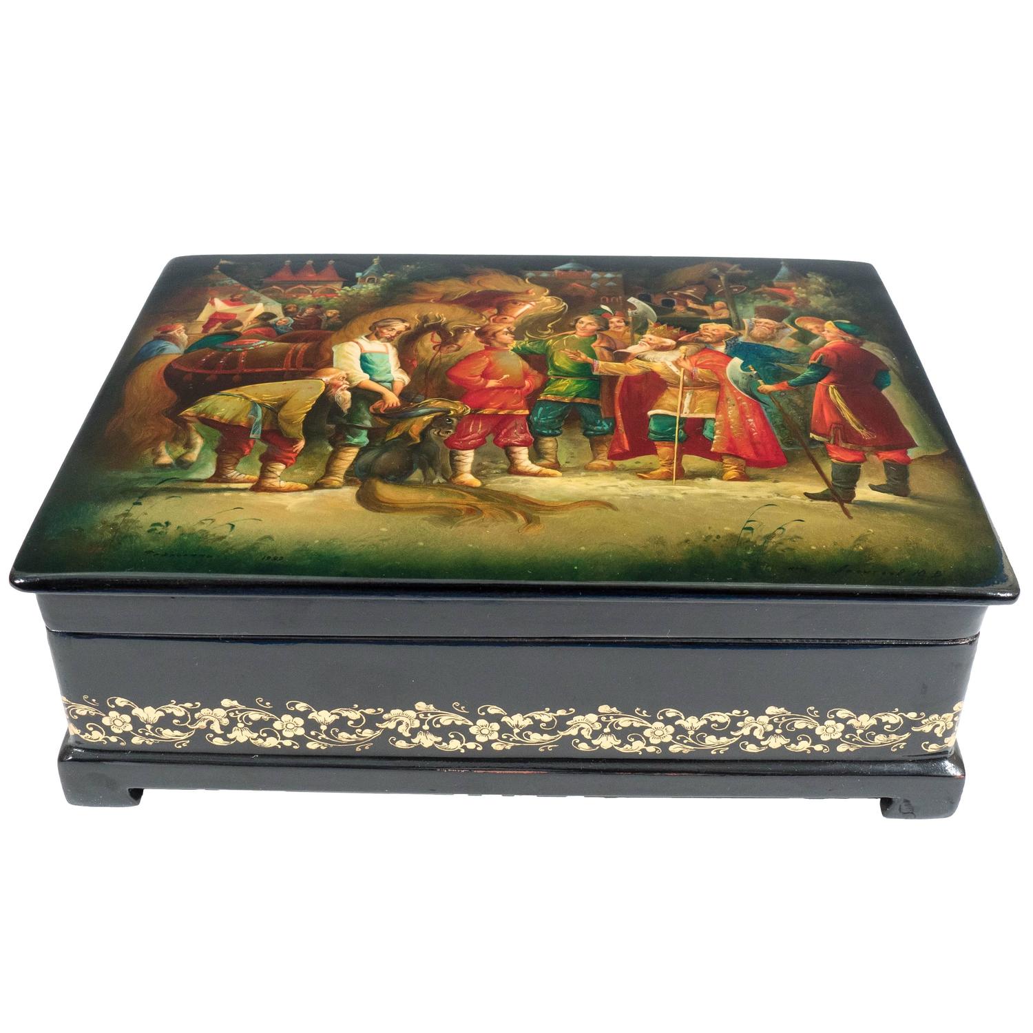 Russian Fedoskino Painted Black Lacquer Box, Signed and Dated 1989 For