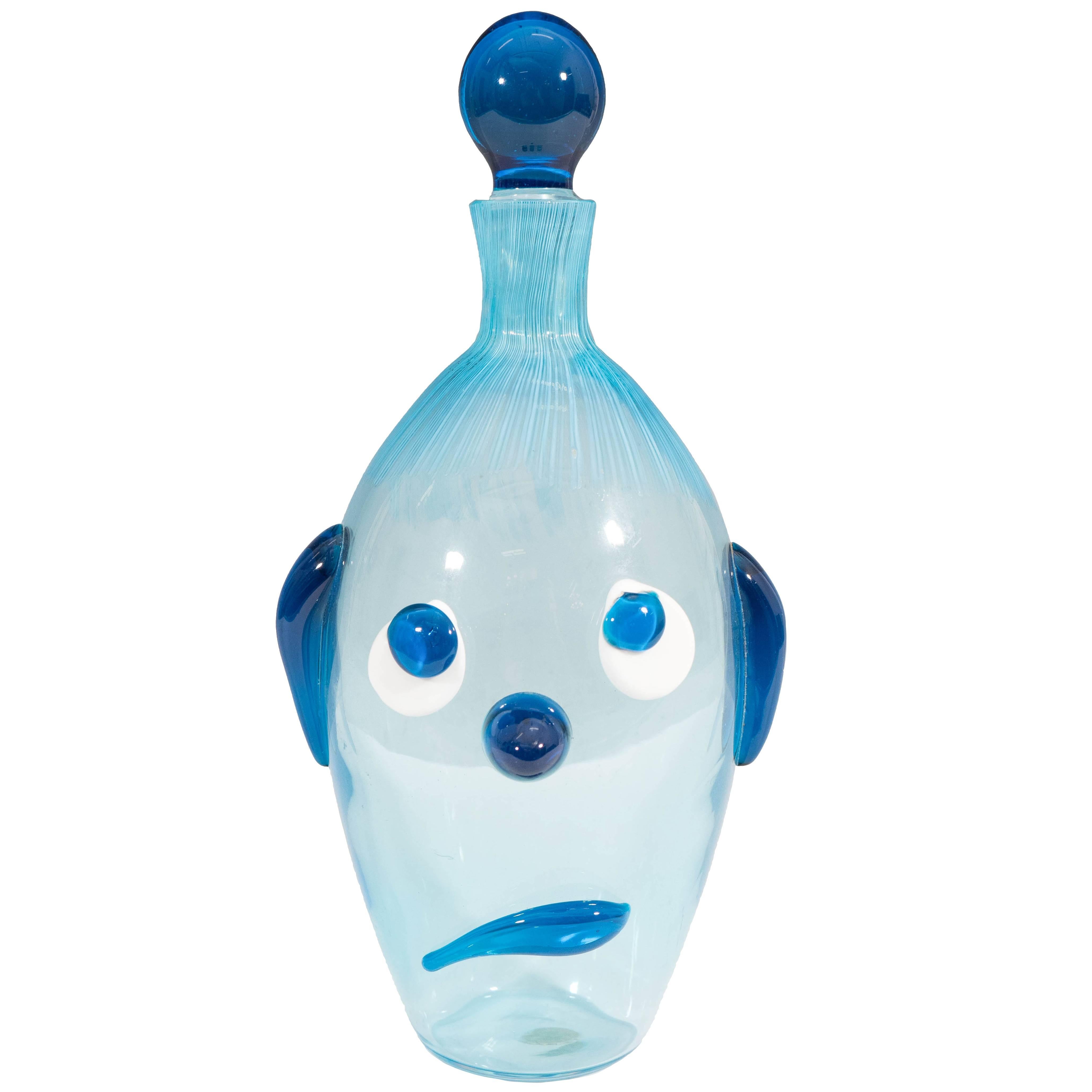 Italian Mid-Century Fratelli Toso Sad Dog Decanter in Blue Murano Glass