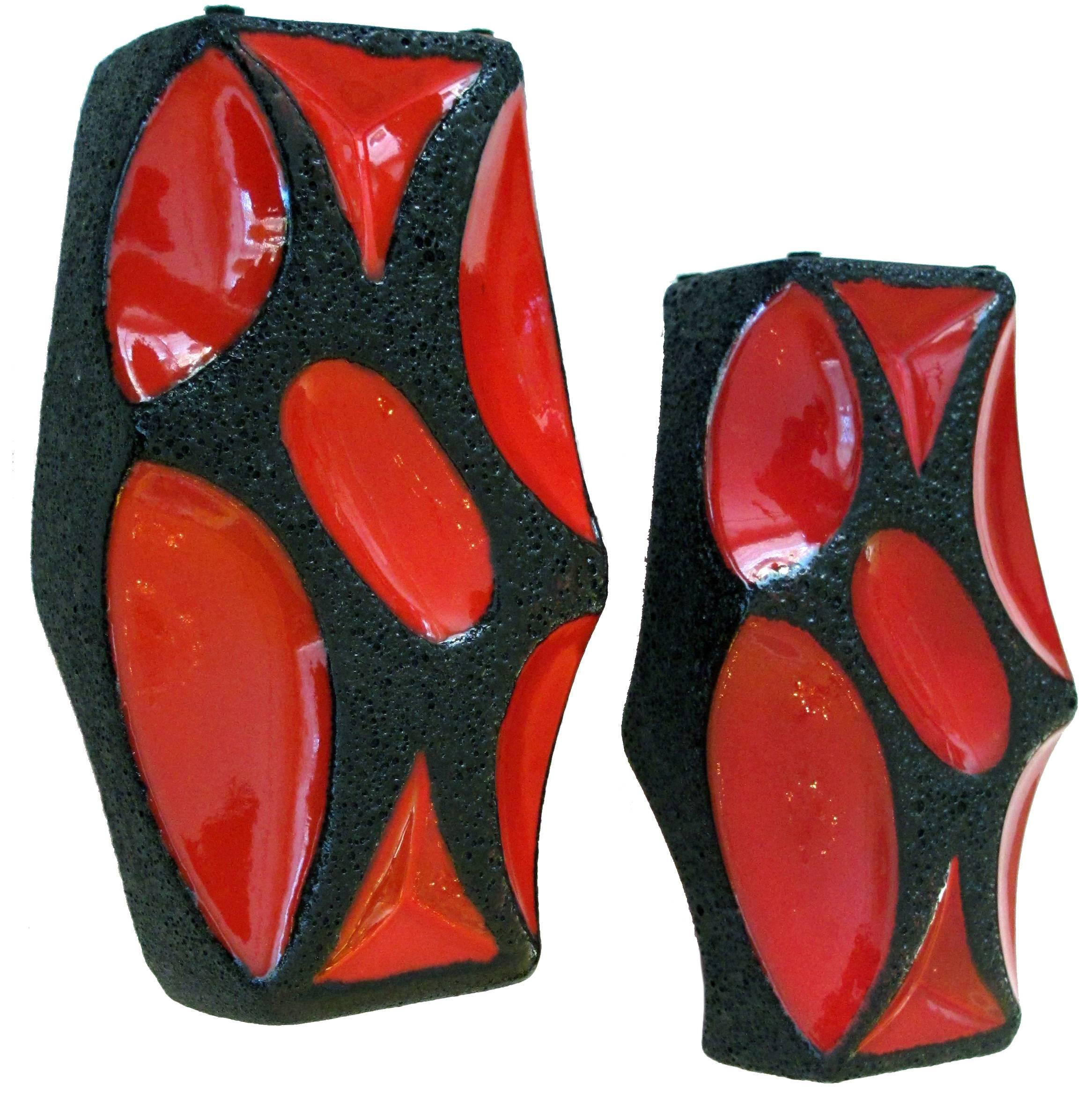 Mod Pair of West German Roth Keramik Art Pottery 'Fat Lava' Vases with Red Glaze