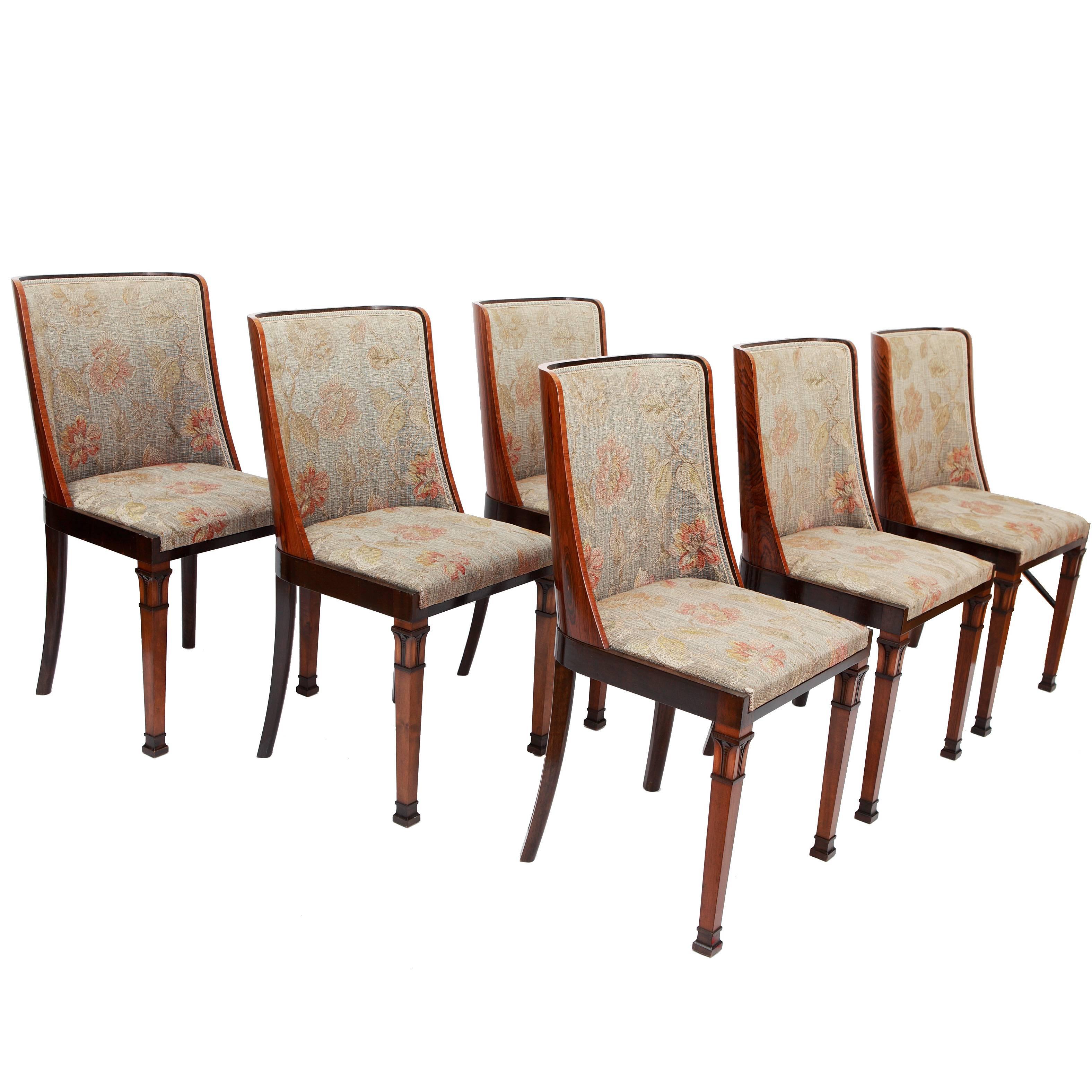 Set of Six Art Deco Dining Chairs with Classicized Marquetry For Sale