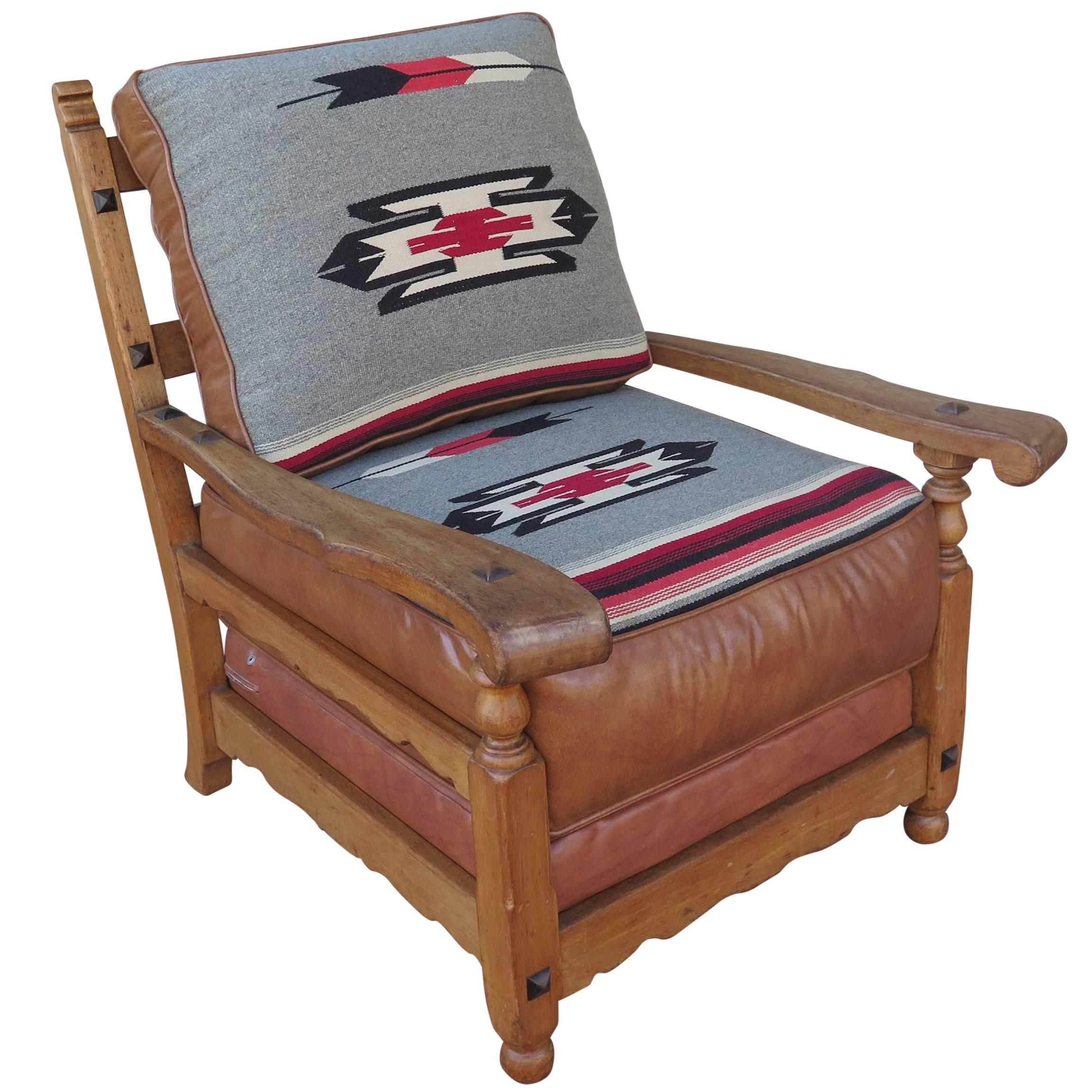 Western Cabin Style Chair with Leather and Chimayo Upholstery