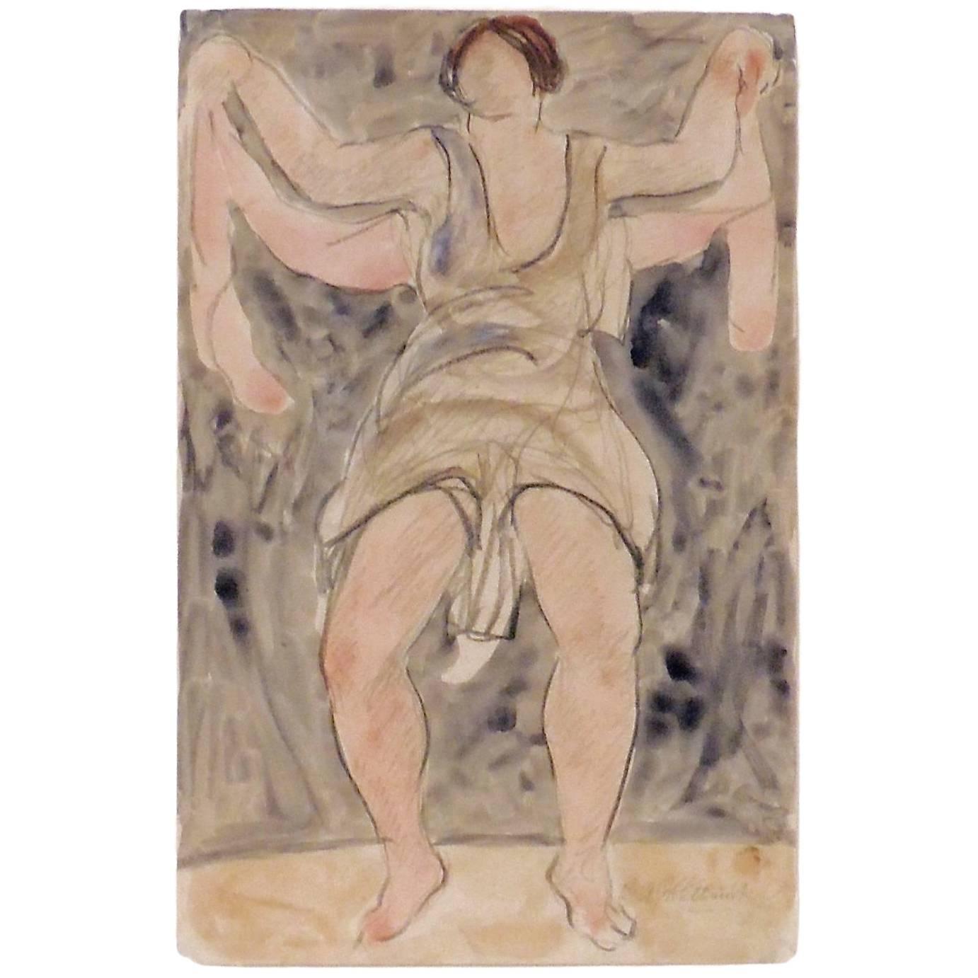 Modernist Watercolored Drawing of Dancer Isadora Duncan, by Abraham Walkowitz