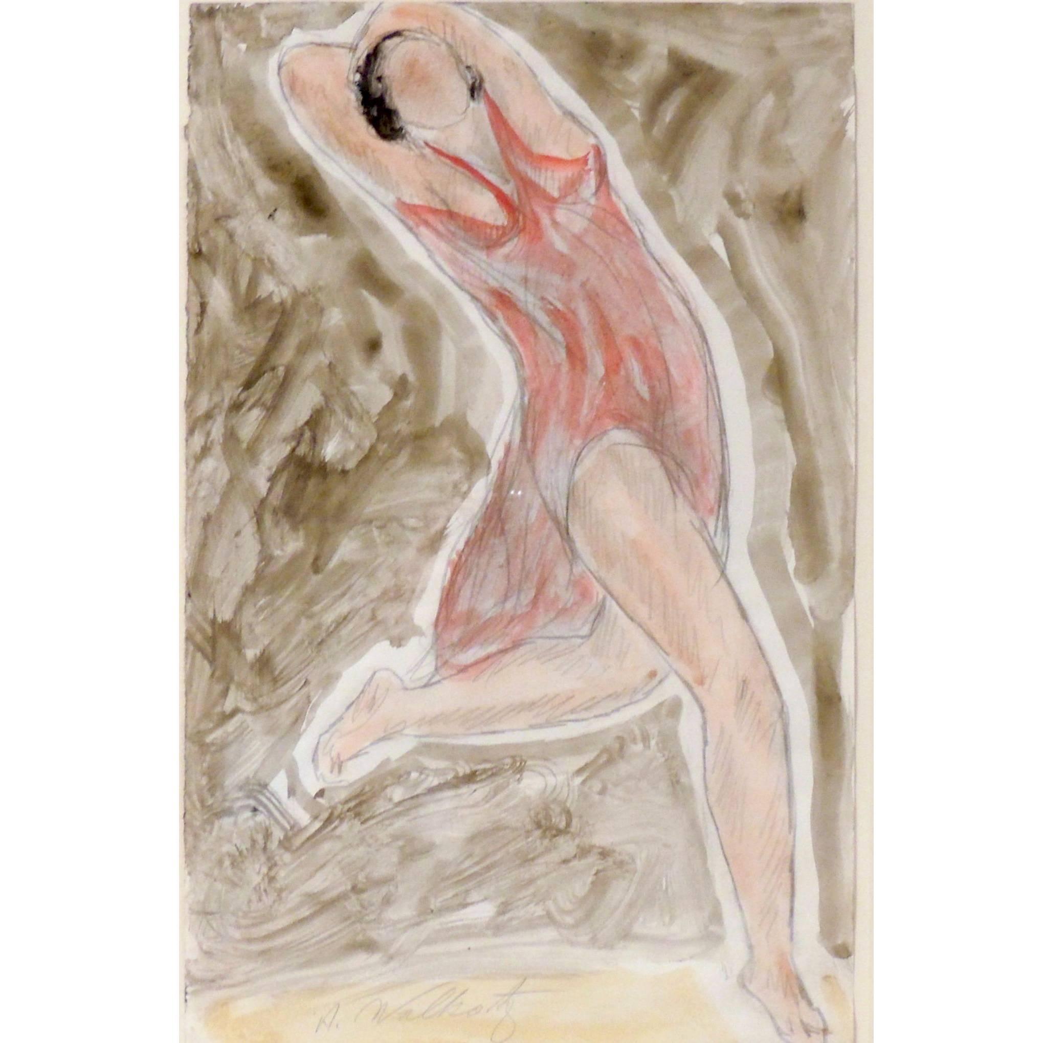 Modernist Watercolored Drawing of Dancer Isadora Duncan, by Abraham Walkowitz