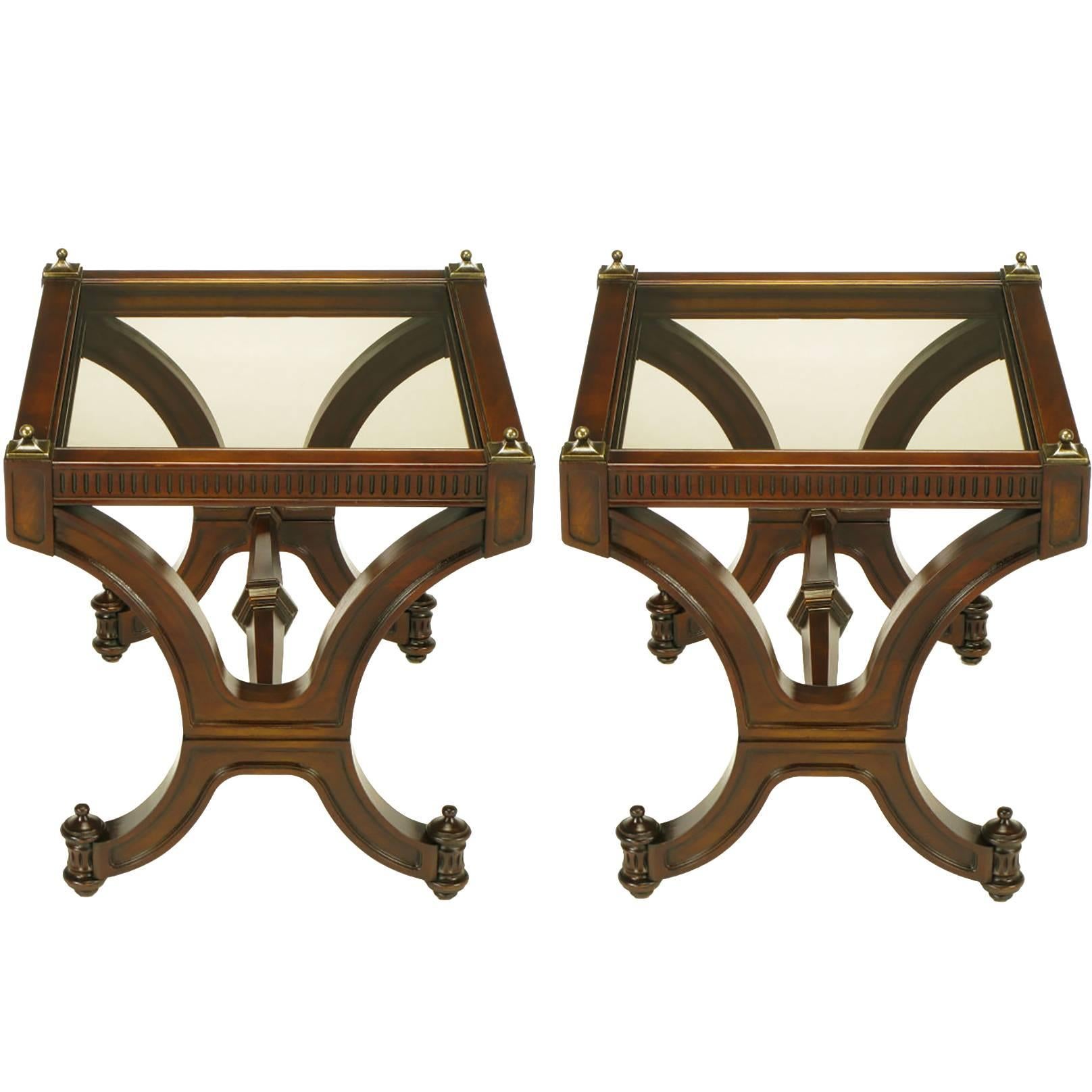 Pair of Mahogany and Glass Empire Style End Tables with Brass Finials For Sale