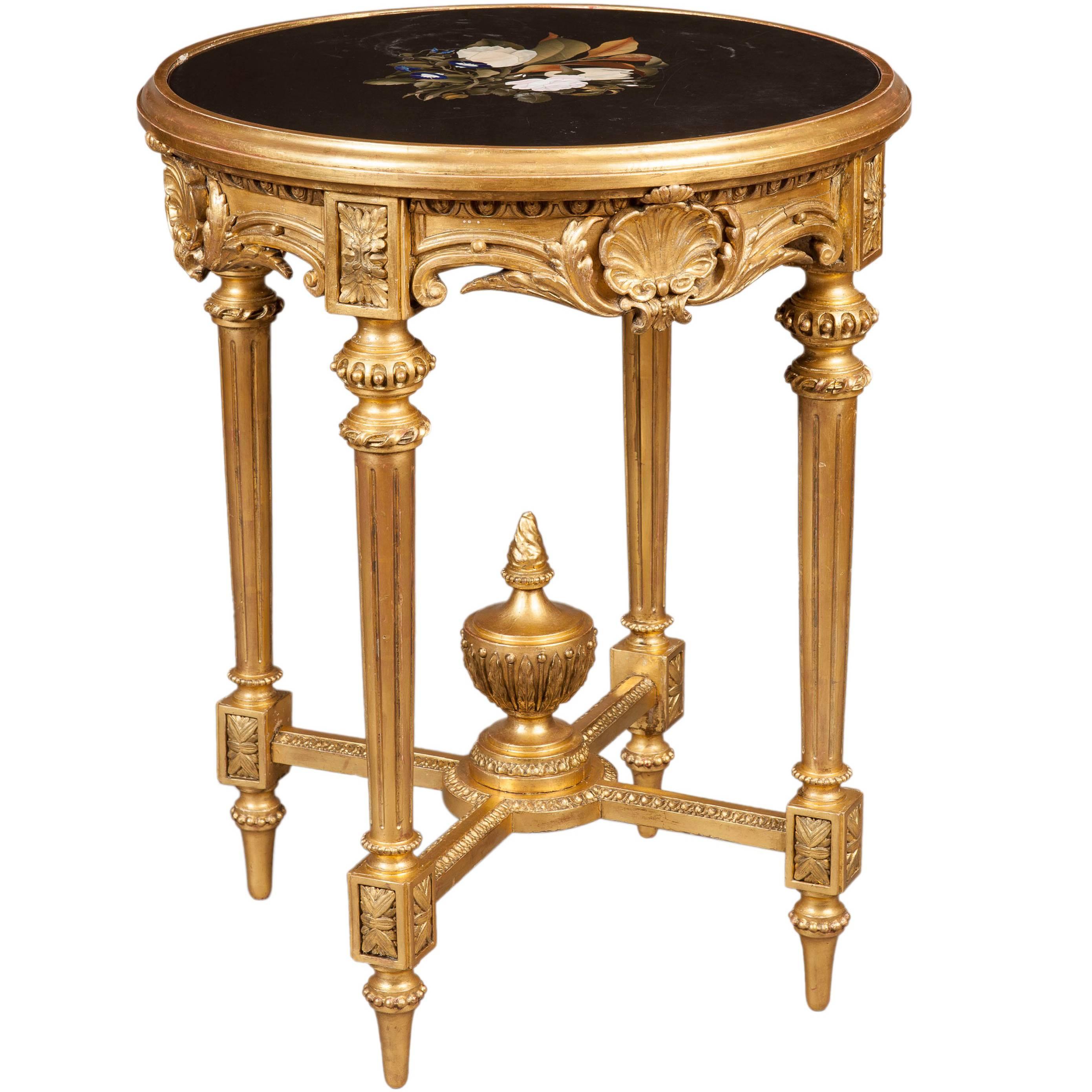 English Giltwood and Floral Inlaid Stone Occasional Table For Sale