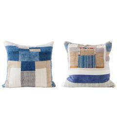Vintage Textile Organic Modern Piecework Indigo and Hemp Pillow