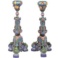 Antique Pair of Chinese Cloisonné Temple Candlesticks