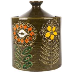 Italian Pottery Cookie Jar with Embossed Flowers by Bitossi, Dark Brown, 1950s