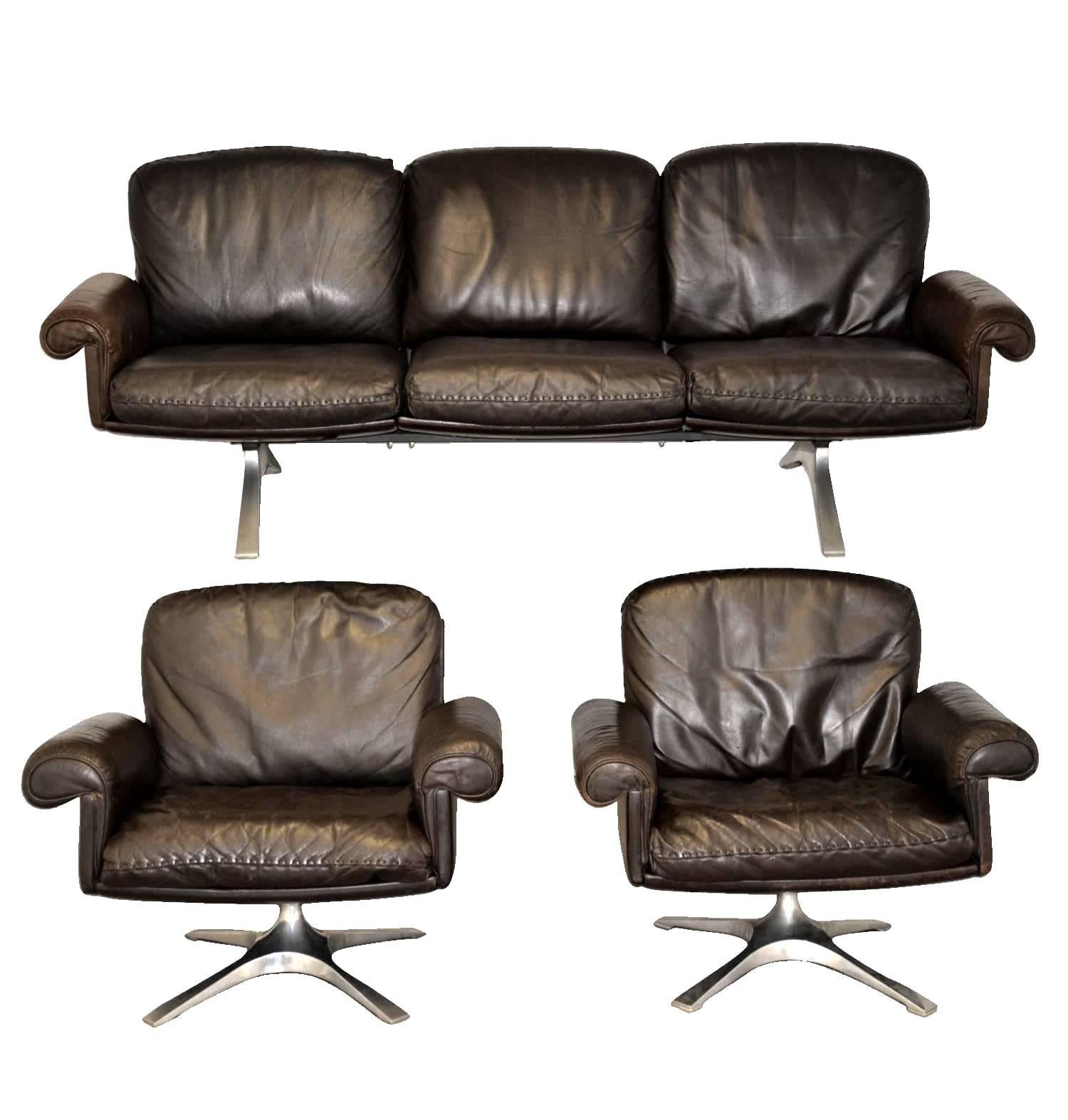 Vintage De Sede DS 31 Leather Sofa and Swivel Armchairs, Switzerland 1970s For Sale
