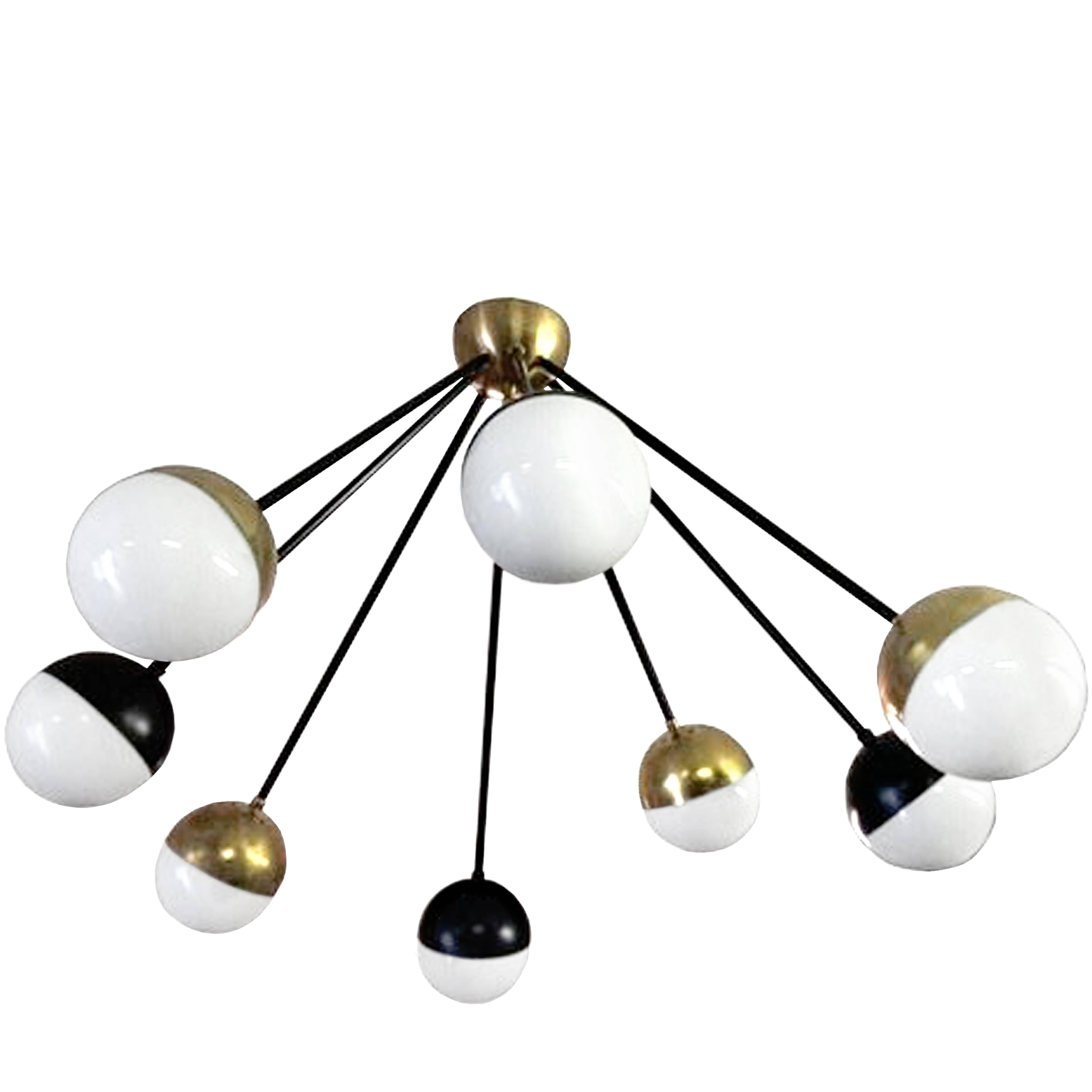 Eight Brass and Black Arm Chandelier with Glass Globes by Stilnovo For Sale