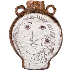 Clay Vessel by Mabel Santos, White and Brown with Face and Hand Holding a Flower 4