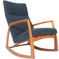 Vintage Danish Modern Teak Rocking Chair in Aegean Blue Wool 