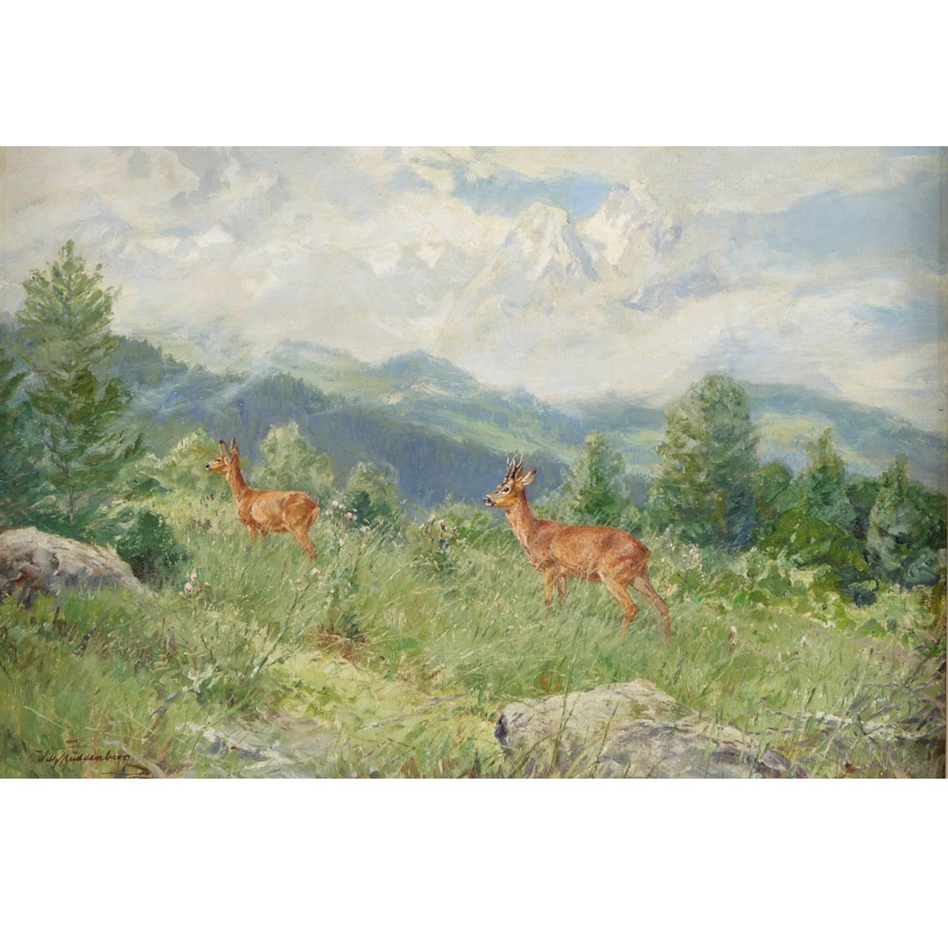 A beautiful and fine mountain landscape painting by German painter, Wilhelm Buddenberg (1890-1967) depicting two deer during a 