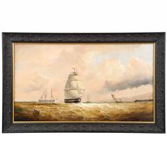 Nautical Seascape Antique Oil Painting of Ships at Sea, 19th Century