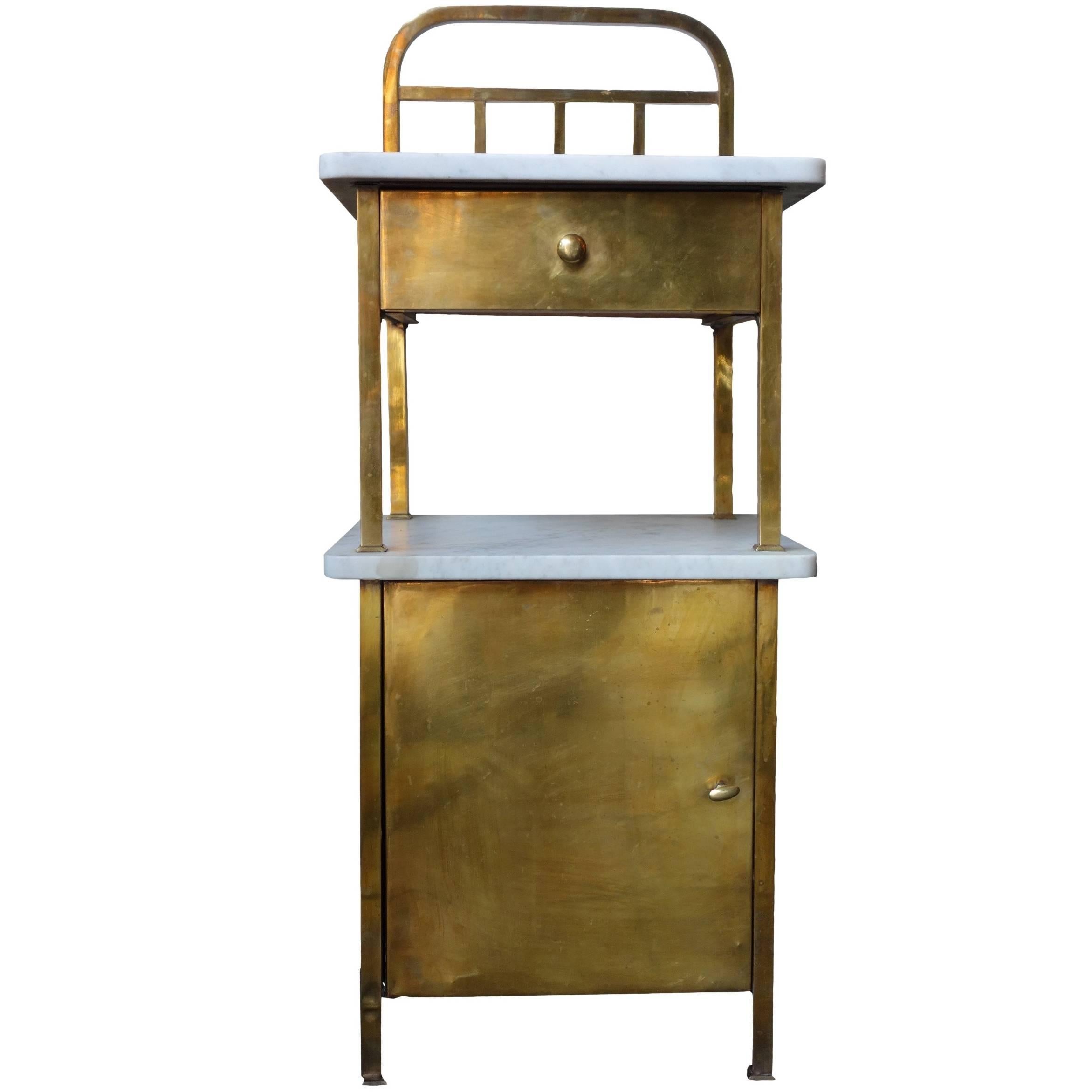 Brass and Marble Side Table with Drawer and Cabinet