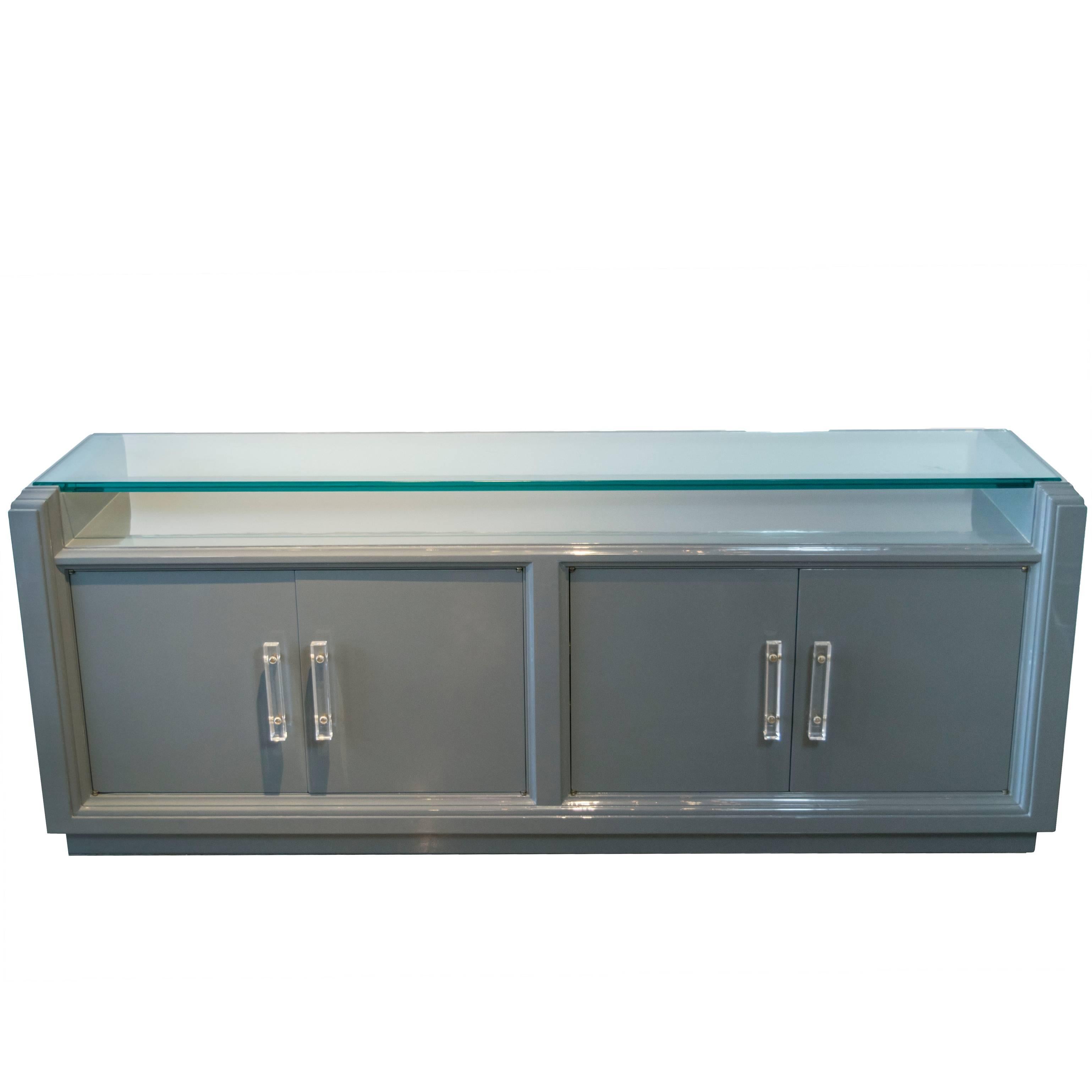 Grey Lacquered Credenza with Lucite Pulls in the Style of Karl Springer For Sale