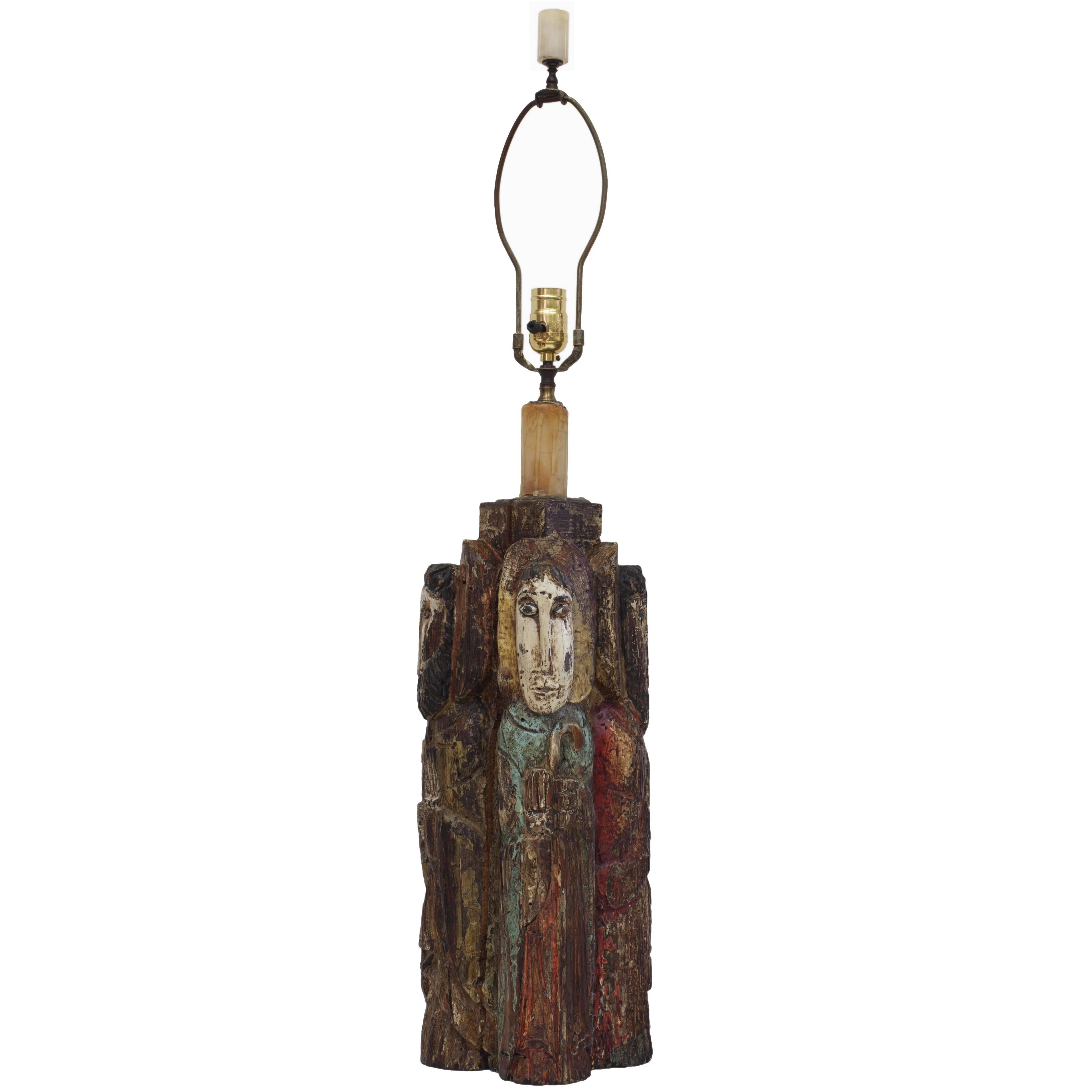 Polychrome Spanish Colonial Style Carved Wood Figural Lamp of Four Saints For Sale