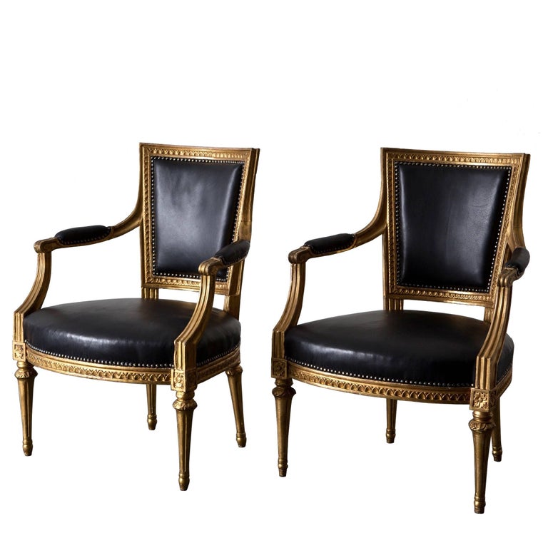 Armchairs Pair Swedish Gilt Wood Black Leather Gustavian Sweden For Sale