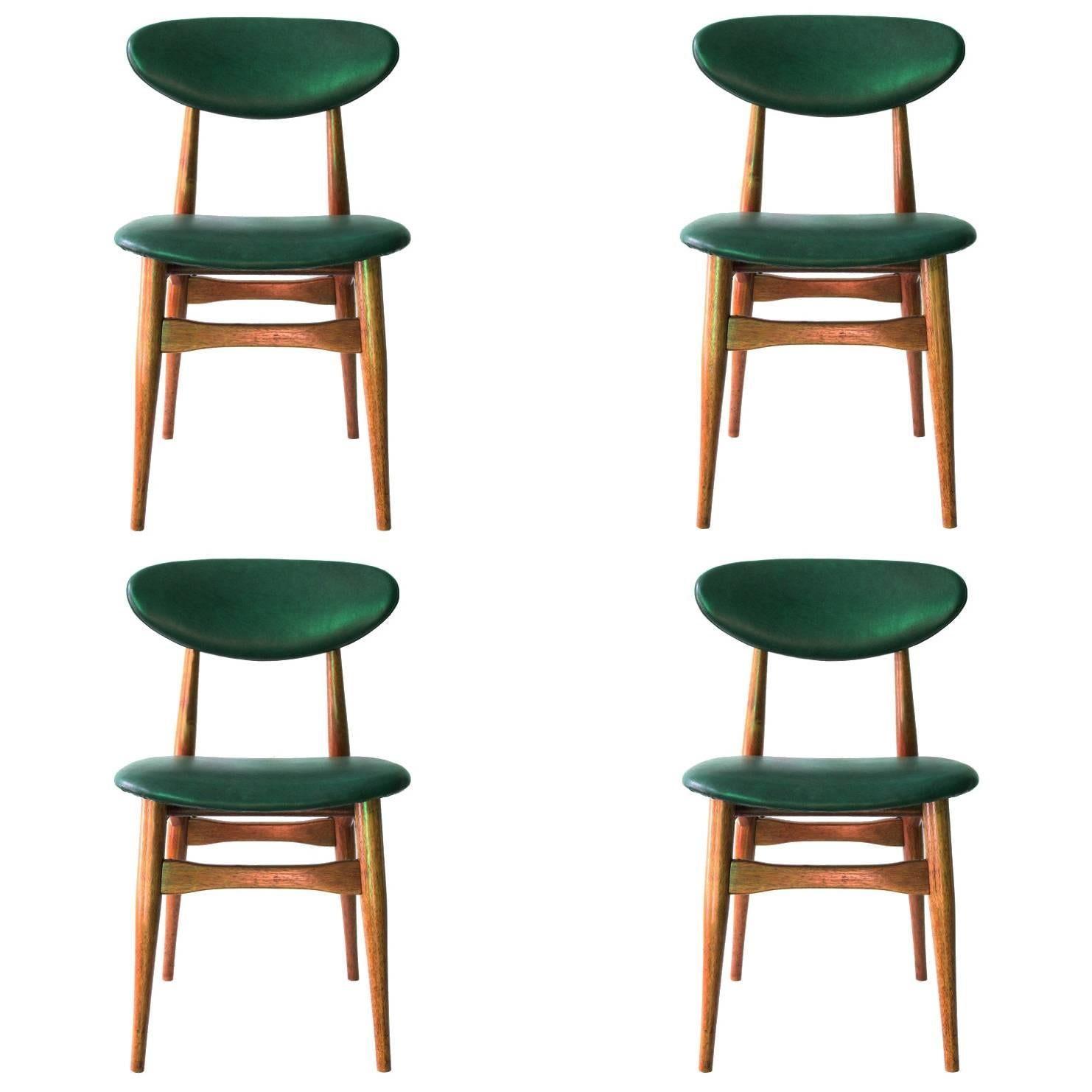 Set of Four Danish Teak Dining Chairs with Green Vinyl Backs and Seats