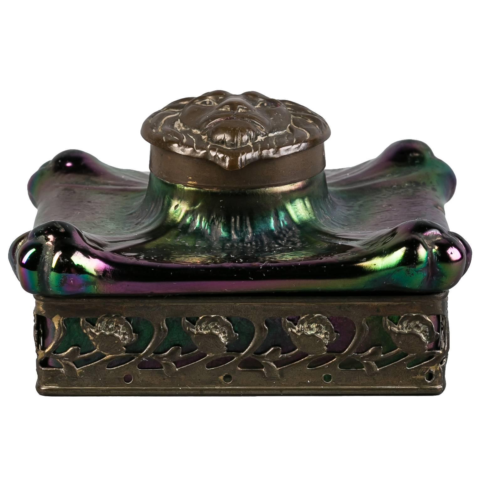 French Patinated Metal and Iridescent Glass Inkwell, circa 1900 For Sale