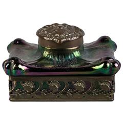 French Patinated Metal and Iridescent Glass Inkwell, circa 1900 7