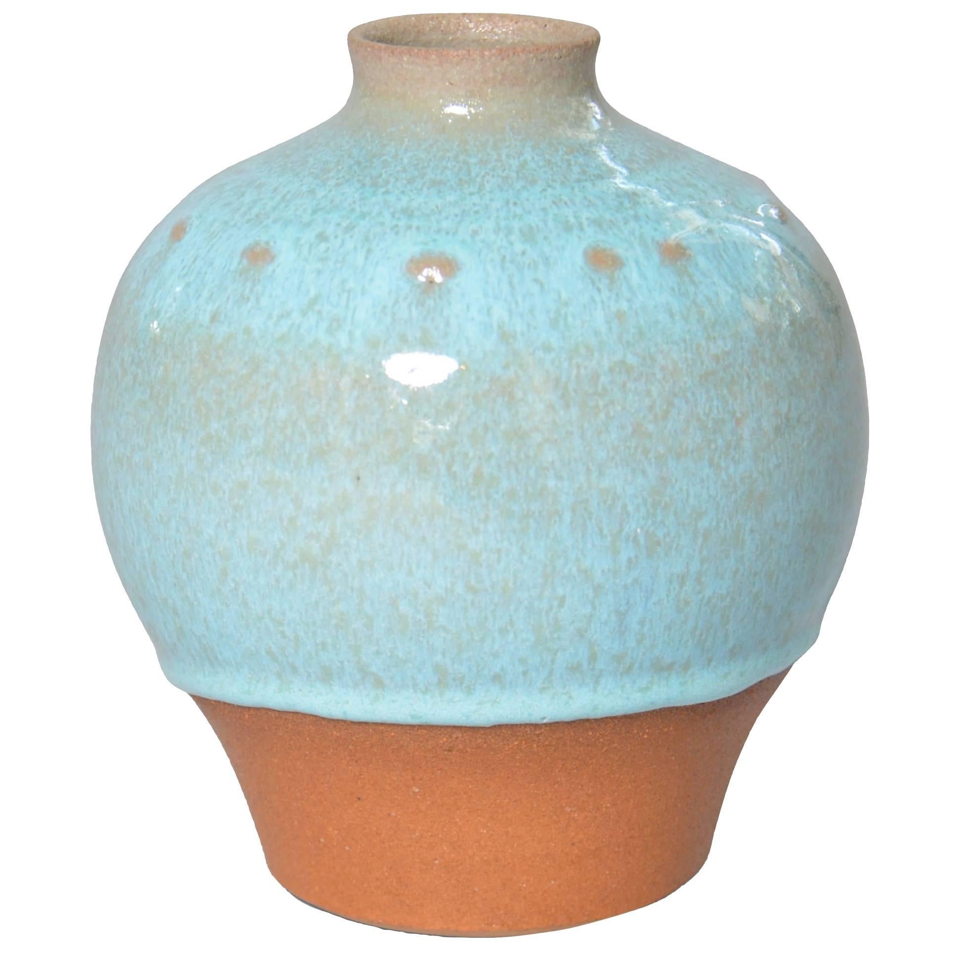 Round Vase with Dots and Blue Glaze For Sale