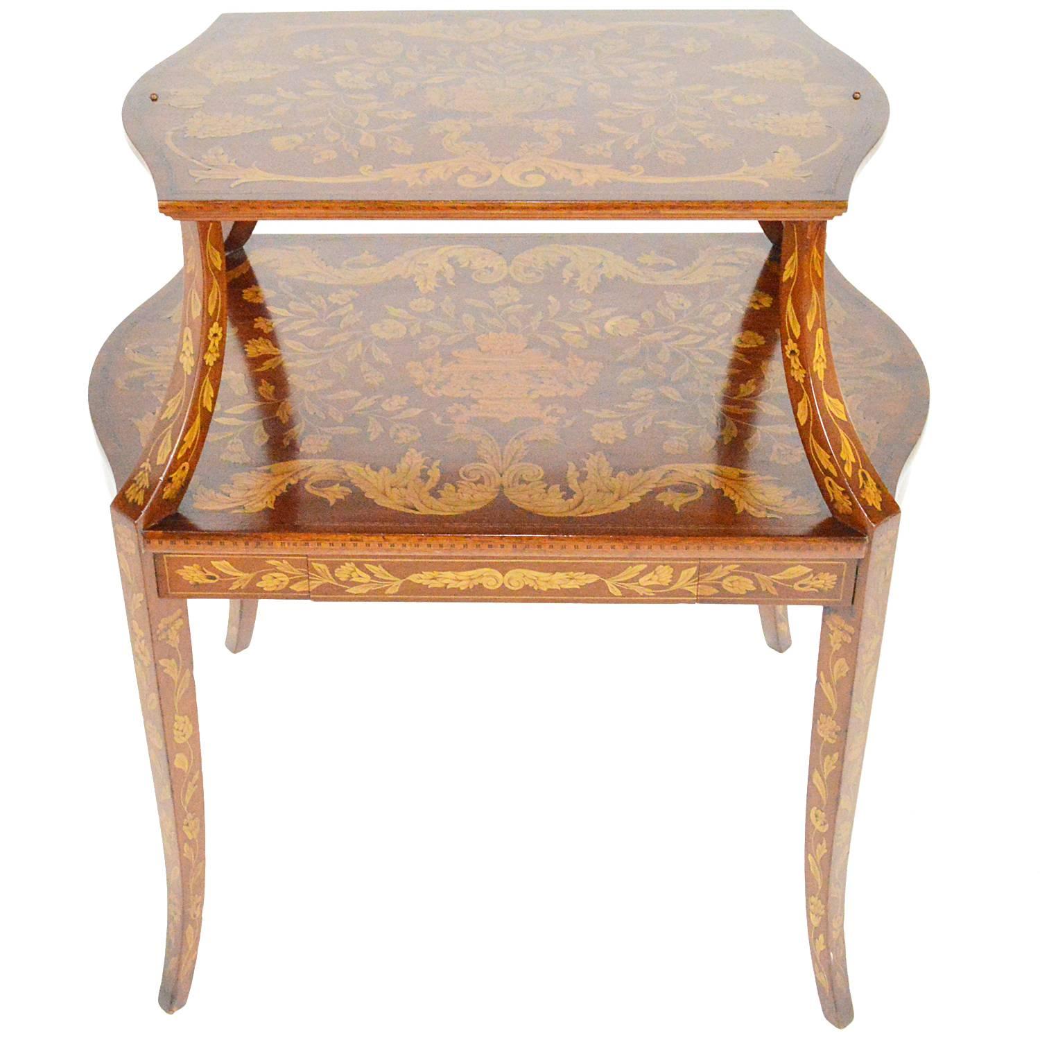 Dutch Marquetry Style Two-Tiered Tea Table For Sale
