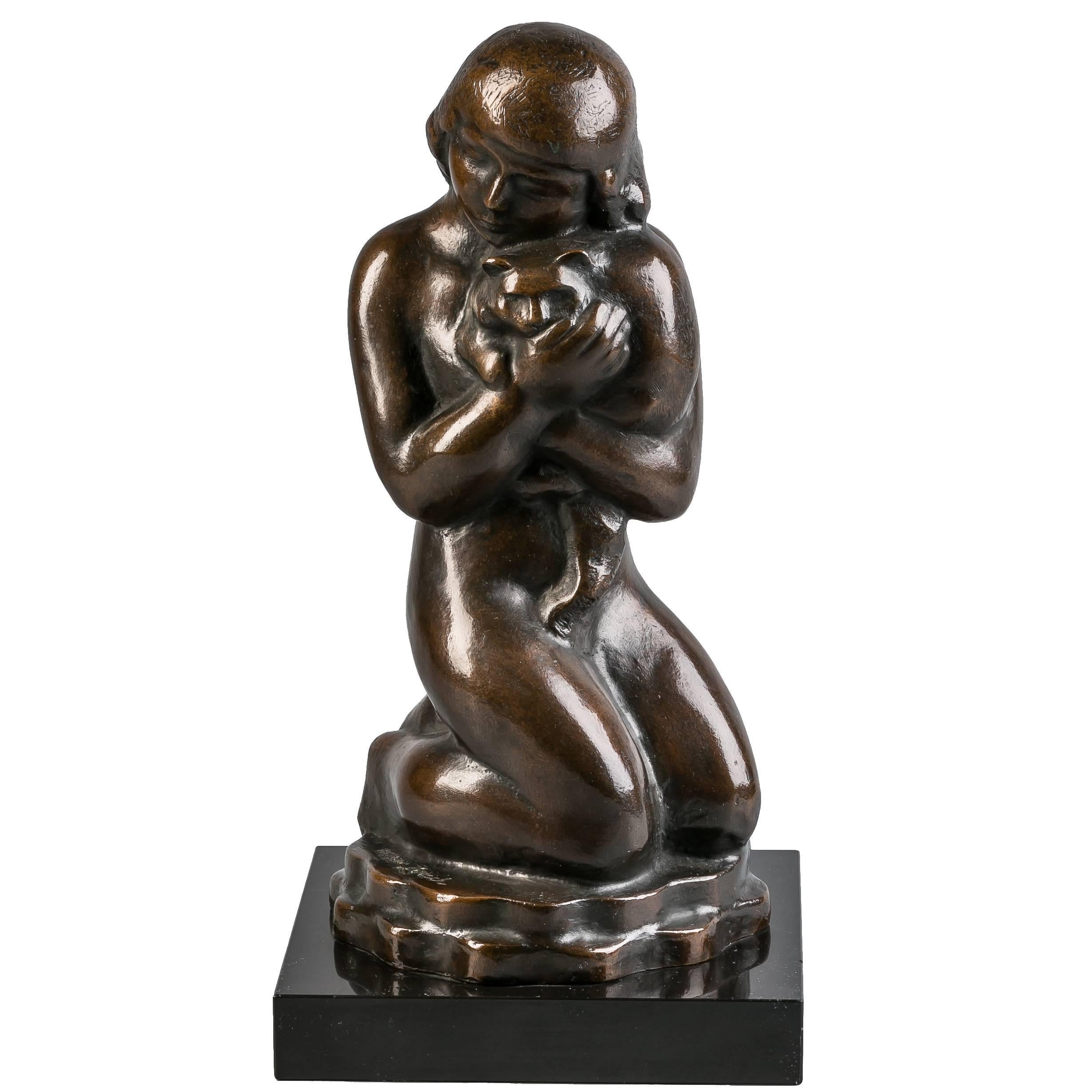 American Bronze Girl with Cats, William Zorach, circa 1920 For Sale