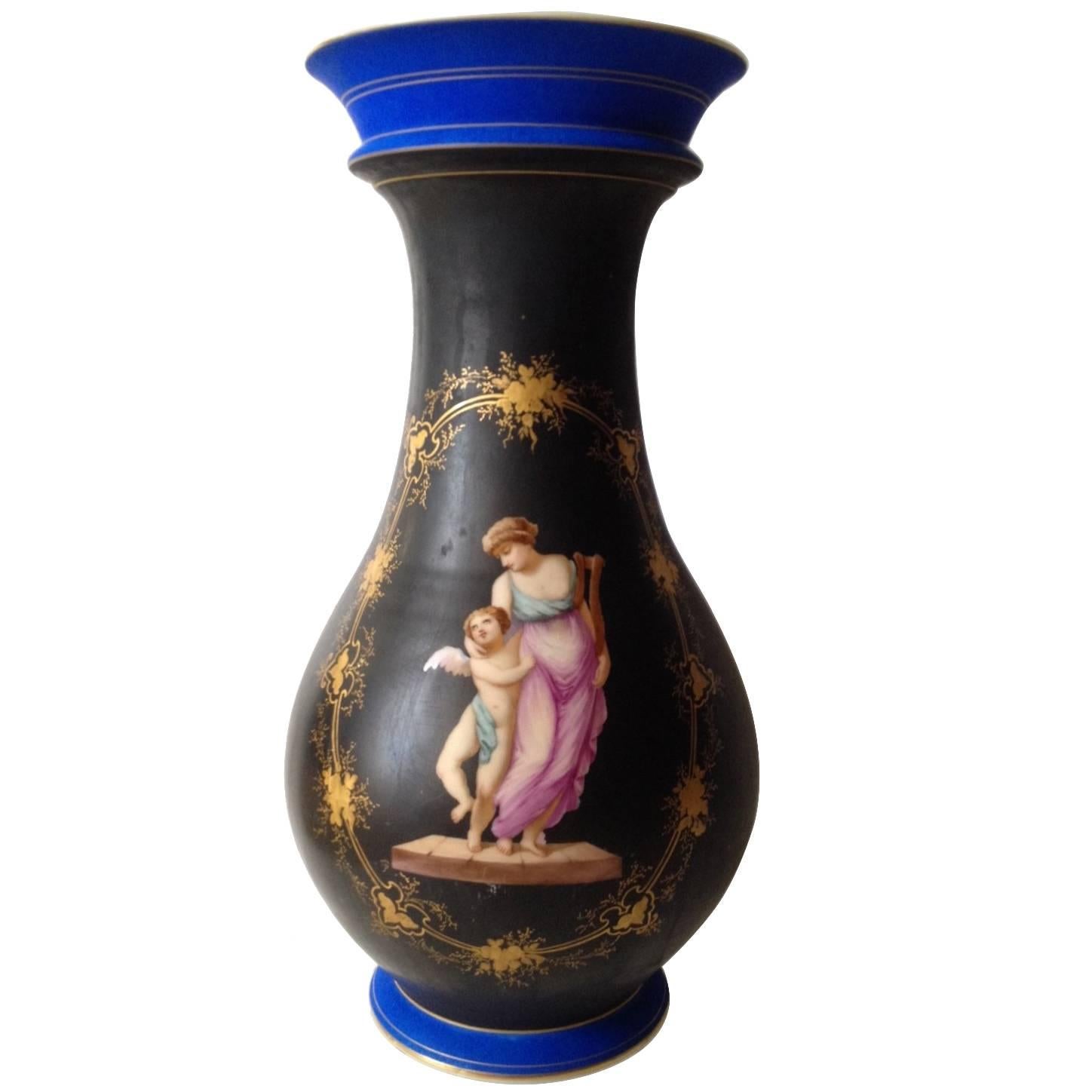 Old Paris Vase Black Matte Finish and Polychrome Enamel Figures, circa 1880 For Sale