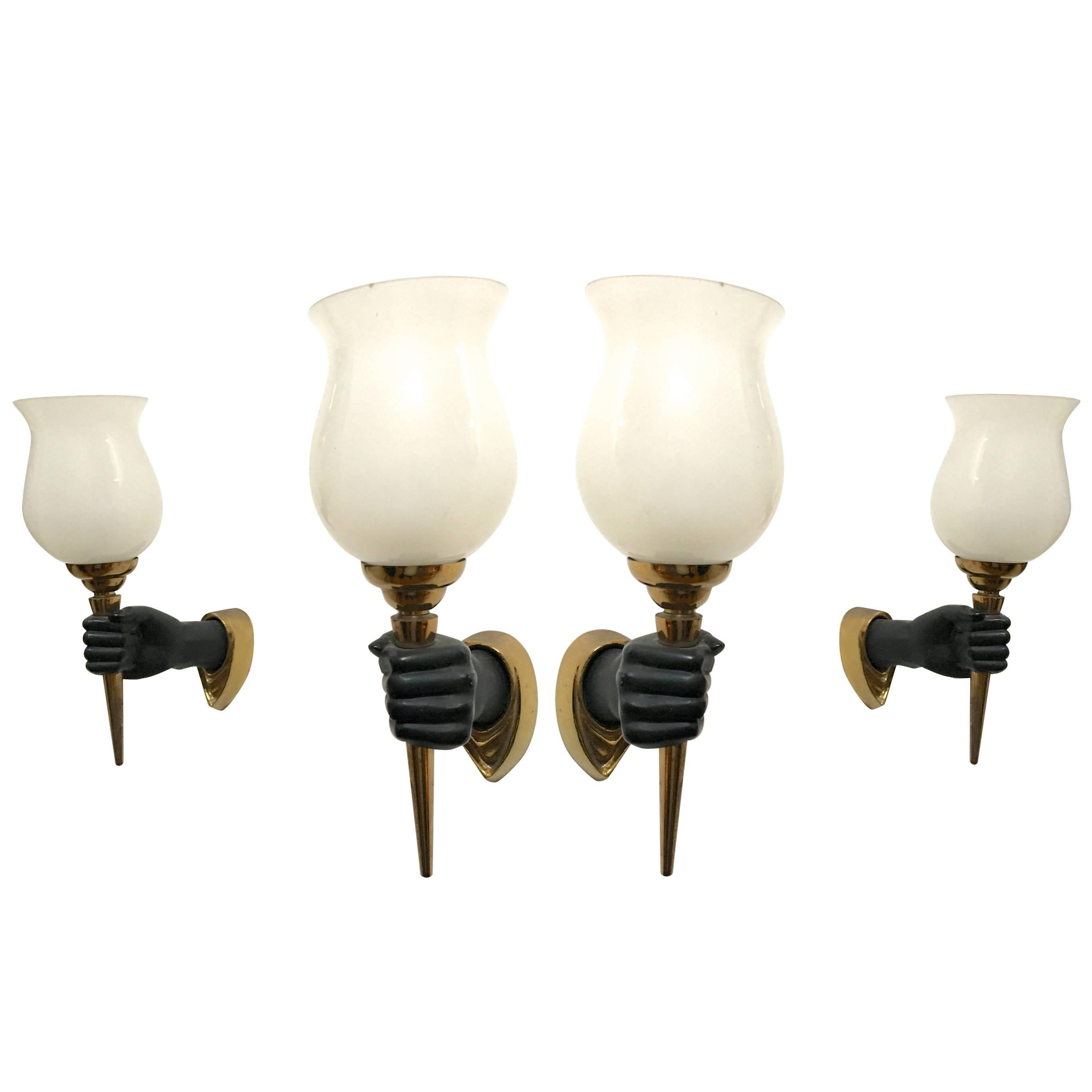 Rare John Devoluy set of 4 Black Patine Hand Sconces with Gold Bronze Contrast For Sale