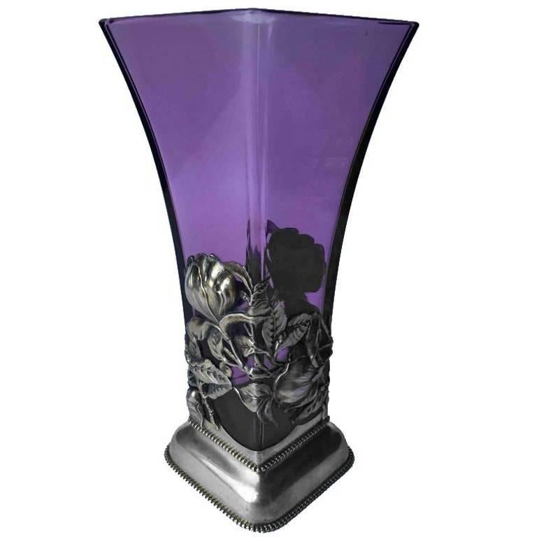 Lovely Purple Glass Vase with Sterling Frame, circa 1900