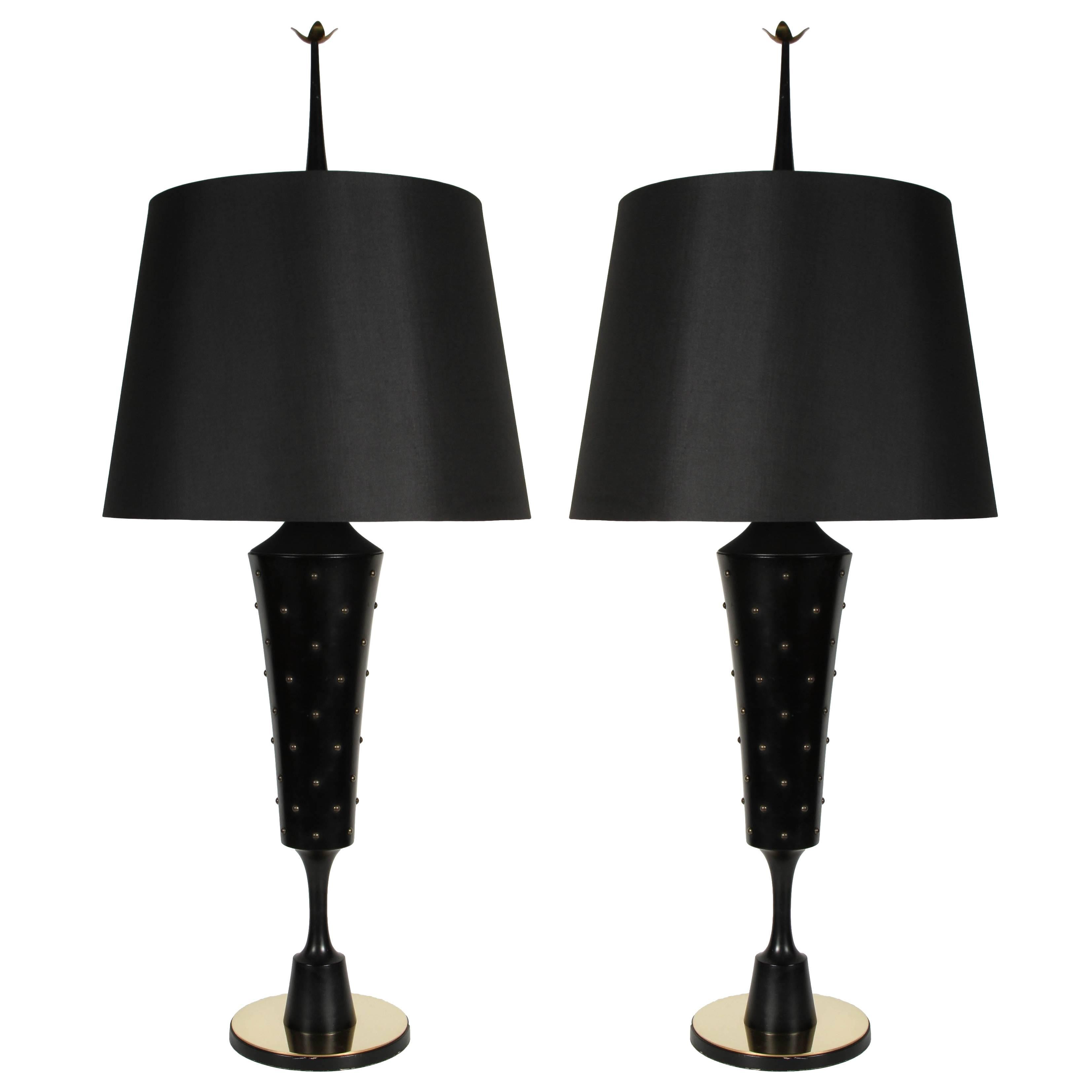 Pair of Monumental Brass Studded Table Lamps