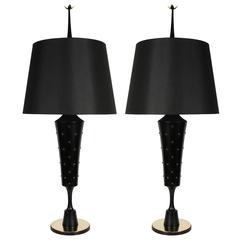 Pair of Monumental Brass Studded Table Lamps