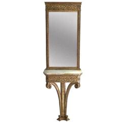 Italian Giltwood Greek Key Wall-Mounted Console Table and Mirror