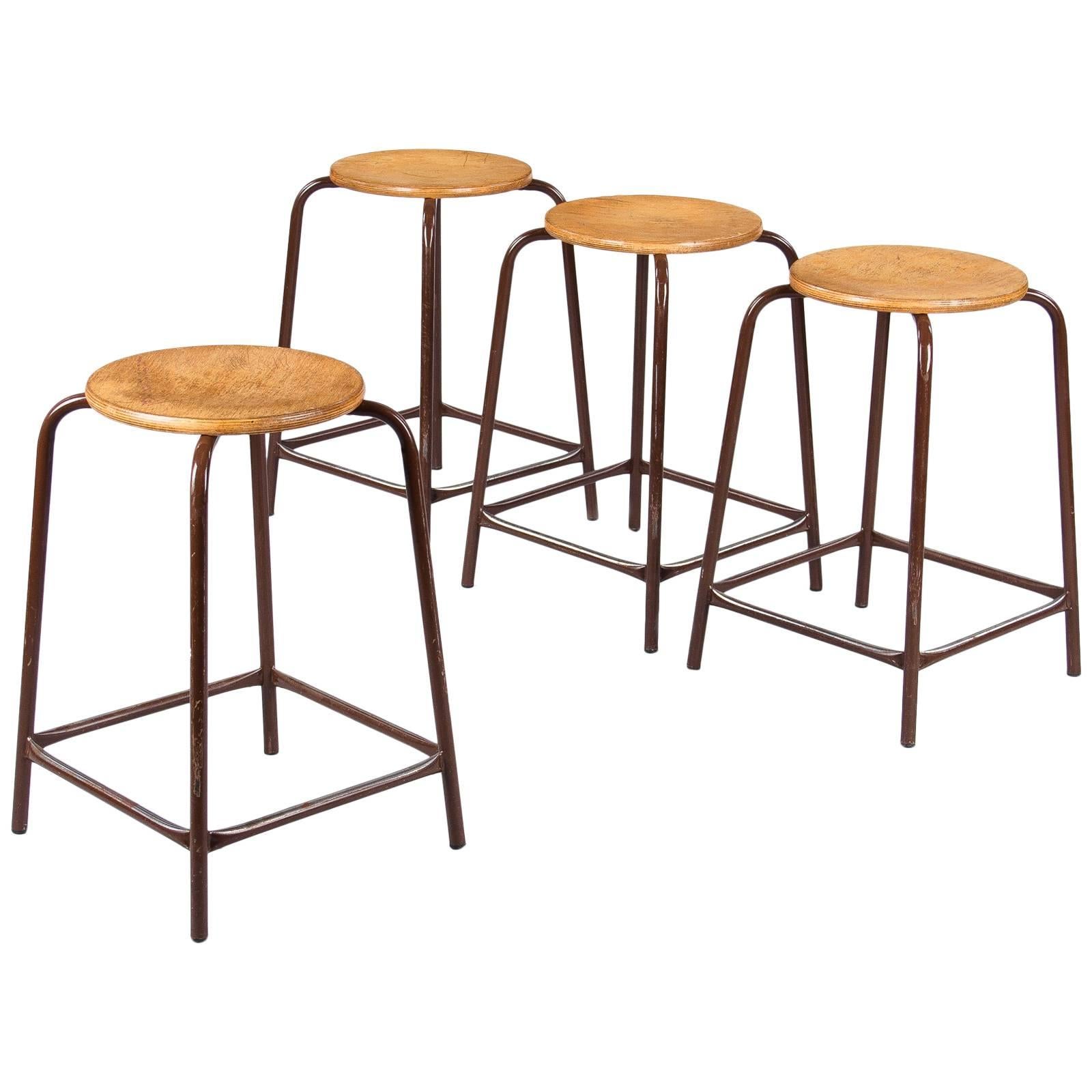Set of Four French Vintage Wood and Metal Industrial Stools, 1950s