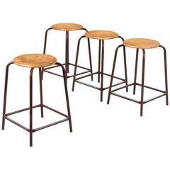 Set of Four French Used Wood and Metal Industrial Stools, 1950s