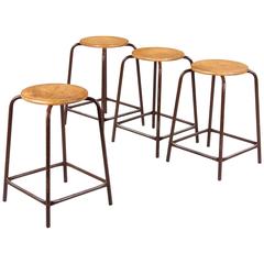 Set of Four French Vintage Wood and Metal Industrial Stools, 1950s