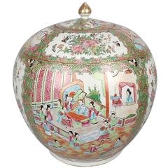 Very Large 19th Century Rose Medallion Chinese Porcelain Lidded Melon Jar or Urn