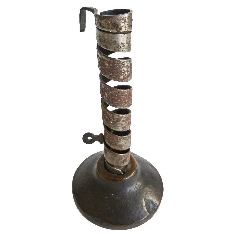 French Wrought Iron and Wood Base “Wind Up” Candlestick, circa 1800 For Sale