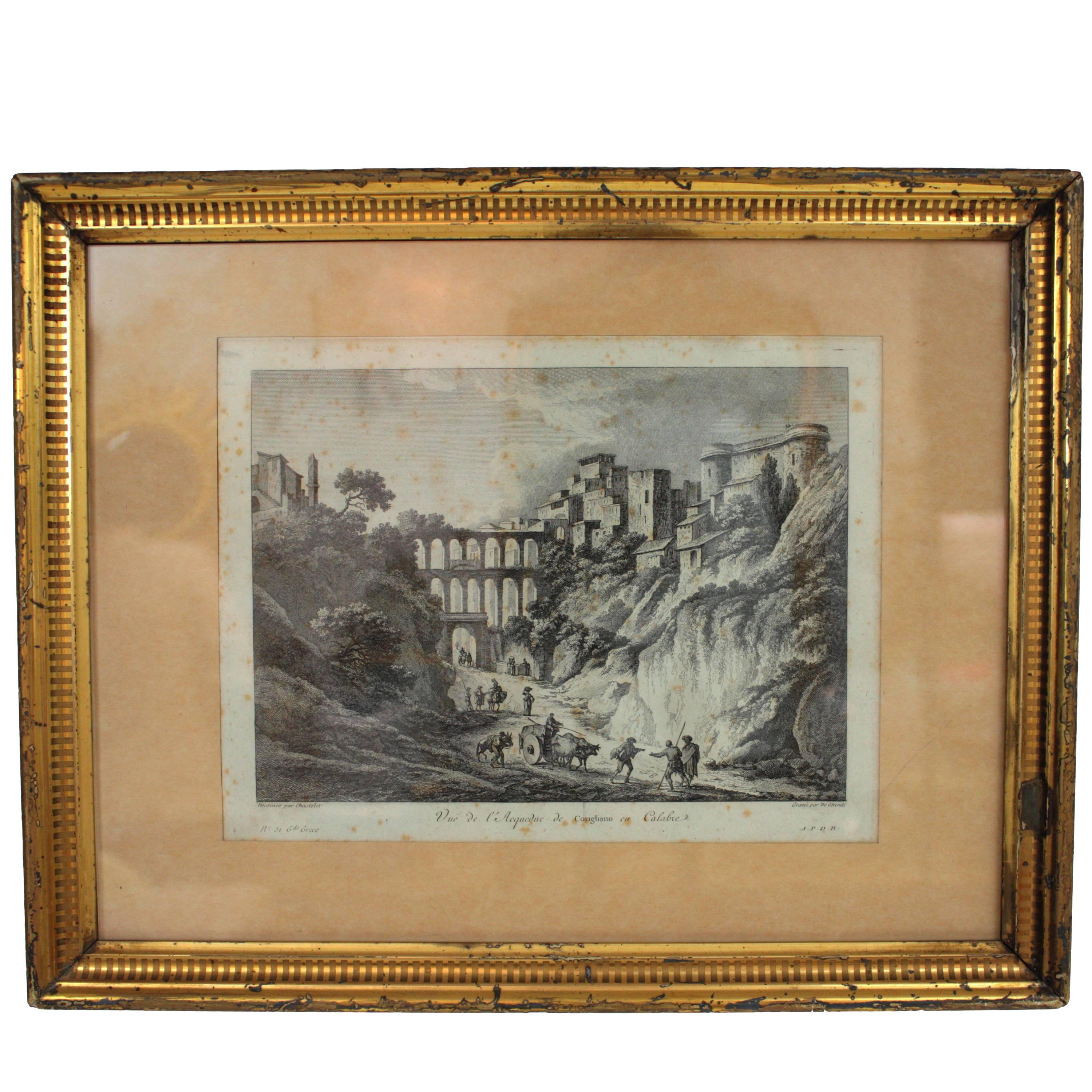 French Engraving of Italian Landscape View, Gold Gilt Frame