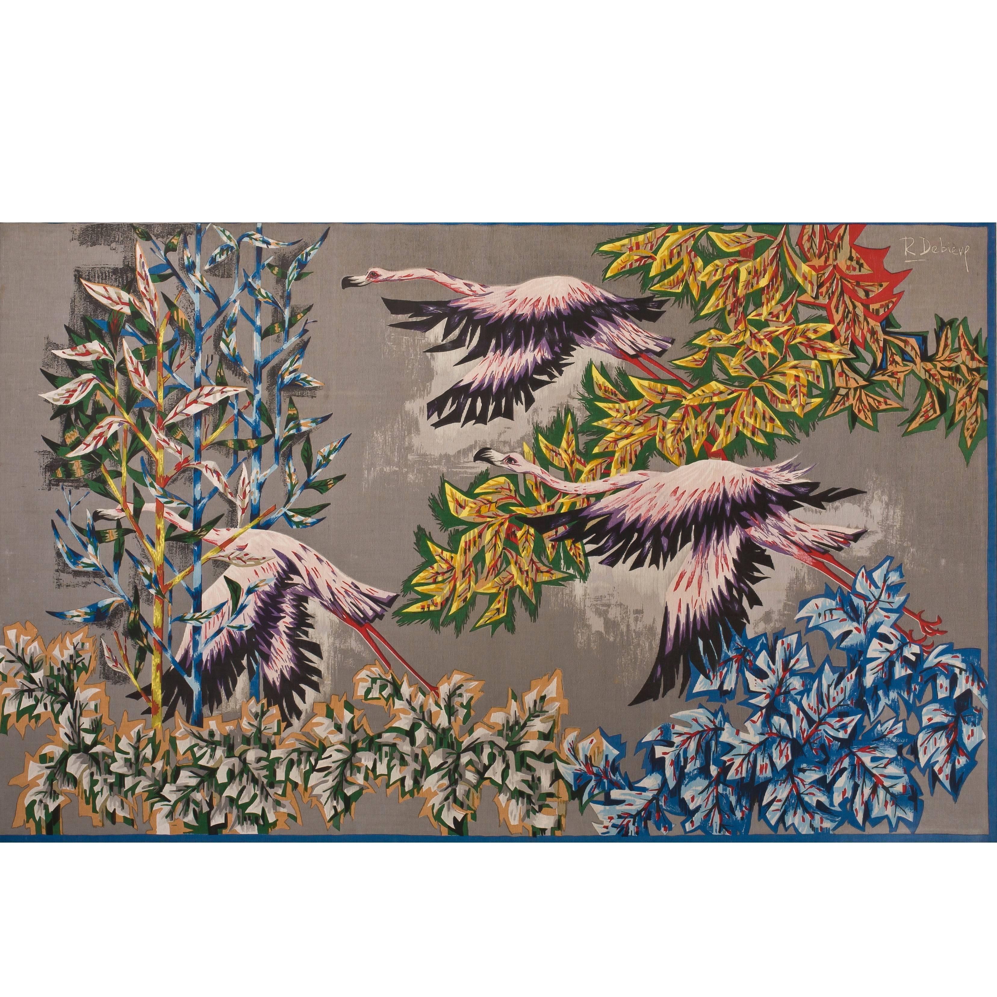 Large Tapestry by Robert Debiève "Les Flamants Roses"