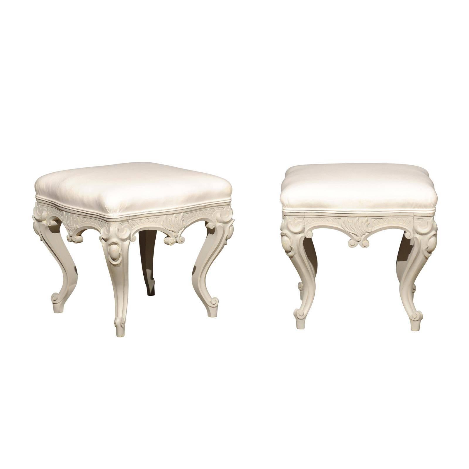 Pair of Swedish Rococo Style Carved Painted Upholstered Stools, circa 1890 For Sale
