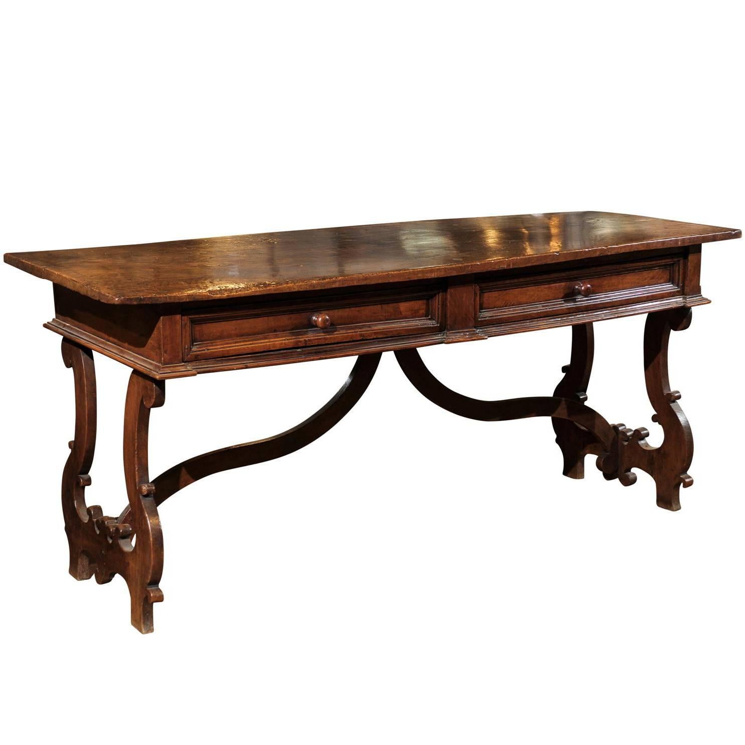 Italian Baroque Style 1890s Walnut Desk with Lyre Shaped Legs and Two Drawers