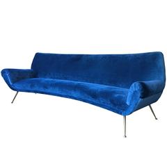 1950s Curved Italian Sofa in Ice Blue Velvet