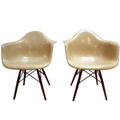 Pair of Eames Zenith DAW Fiberglass Lounge Chairs with Walnut Dowel Legs