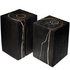 Pair of Blocks/Stools in Burned Oak and Mosaic by S. Rippe