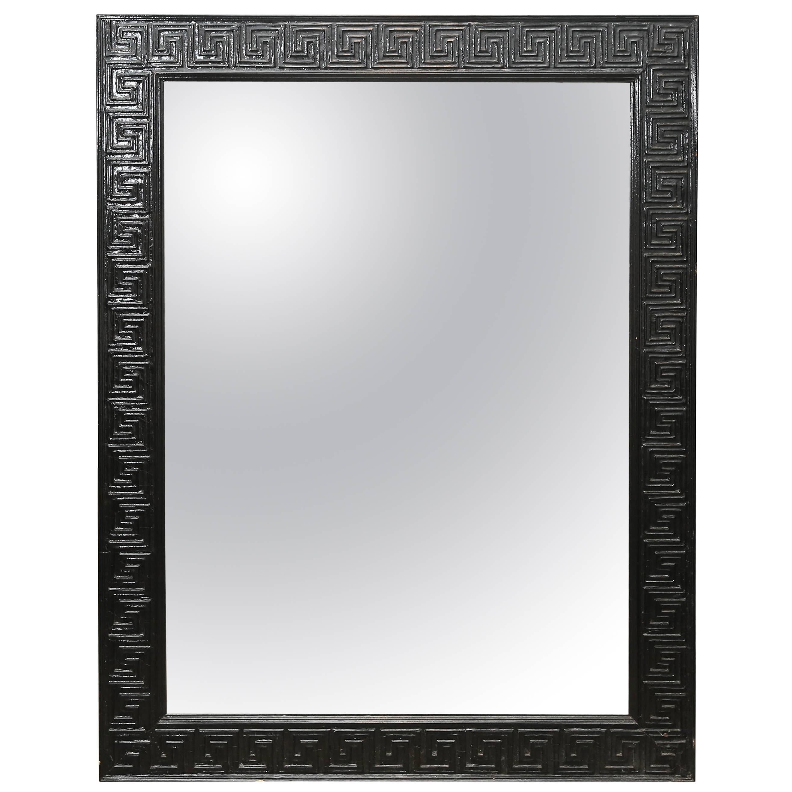  Mid Century Modern Black Lacquered Greek Key Mirror
