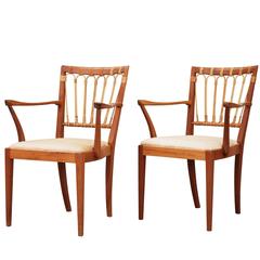 Josef Frank Mahogany Dining Chairs with Armrests, Sweden, 1940s